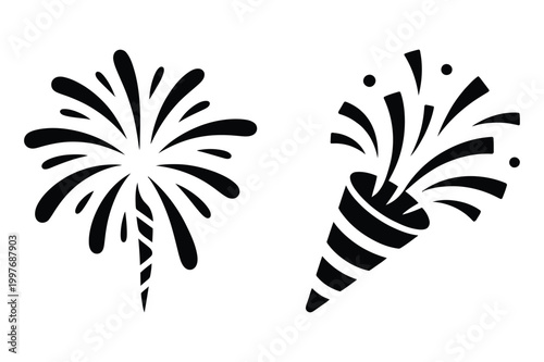 Black and white vector icons of fireworks and party poppers with firework