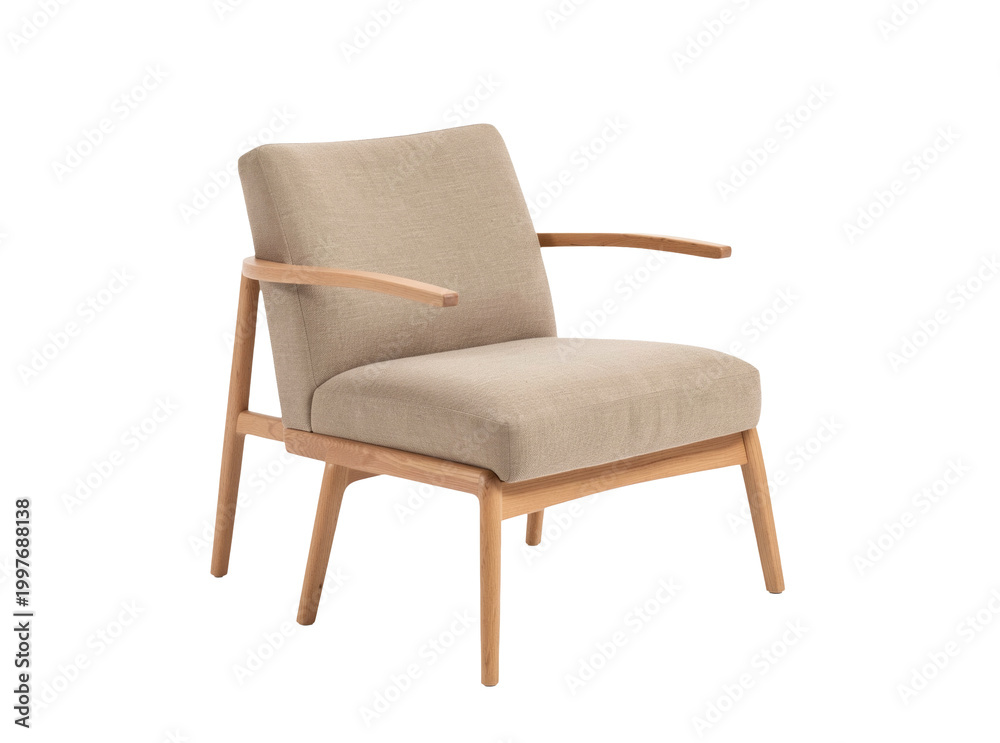 Fototapeta premium A single beige chair with a wooden armrest, simple and elegant design