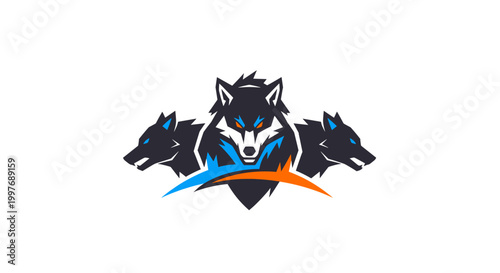 A striking digital illustration of a fierce wolf head emblem with two flanking wolf heads.