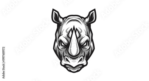 A detailed, close-up illustration of a fierce rhinoceros head with a prominent horn, rendered in a dramatic black and white style.