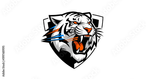 Aggressive white tiger head roaring with orange eyes and mouth, stylized as a sports or esports logo on a shield background.