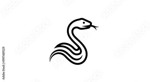 A minimalist black and white illustration of a stylized snake with its tongue sticking out.