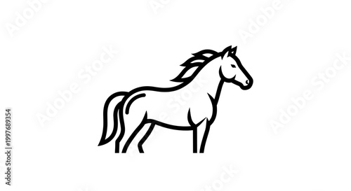 A minimalist black and white line art illustration of a horse standing gracefully.