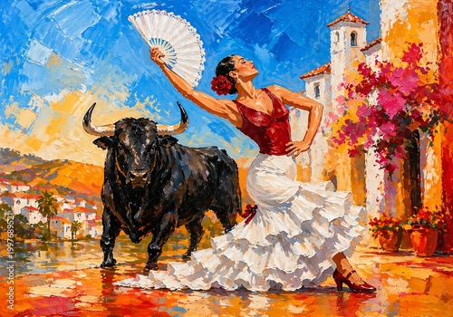 An acrylic painting in bright, warm colors depicting a flamenco dancer and a bull on a Spanish street