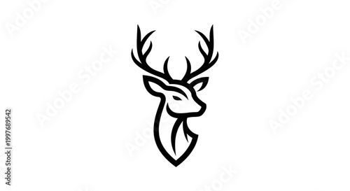 A minimalist black and white illustration of a deer's head with prominent antlers, presented against a plain white background.