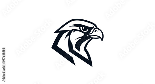 A minimalist black and white illustration of a fierce hawk's head in profile.