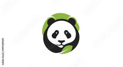 A stylized illustration of a panda's face with green leaves and bamboo elements.