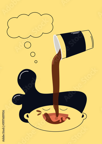 Quirky flat vector illustration of a person with open mouth catching coffee pouring from a paper cup, with an empty thought bubble for caffeine addiction concept.