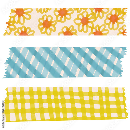 Quadro su tela Hand-drawn watercolor cottagecore washi tape set with yellow flowers and blue checkered patterns