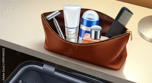 Brown leather toiletry bag on counter.