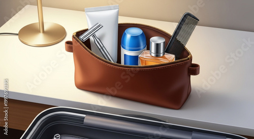 Brown leather toiletry bag on dresser.