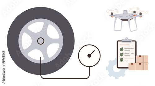 Logistics, transportation, automation, quadcopter delivery, inventory management, supply chain. Tire with pressure gauge, checklist boxes Quadcopter gear icon. Logistics and transportation