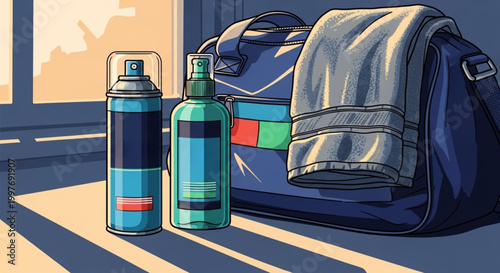 Gym bag with water bottles indoor.