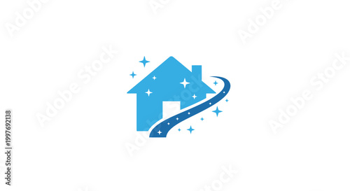 A blue house with a sparkling cleaning broom.