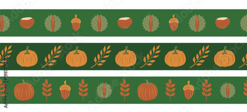 Autumn border set with pumpkins, acorns, chestnuts and leaves on dark green background. Seamless seasonal frames for packaging, cards and cozy fall design.
