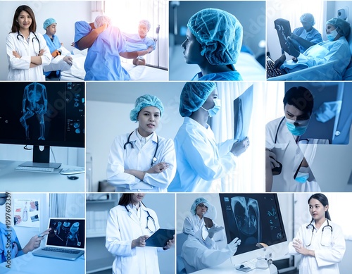 Montage of medical professionals in various hospital settings performing procedures and reviewing patient records. Includes doctors, nurses, and medical images