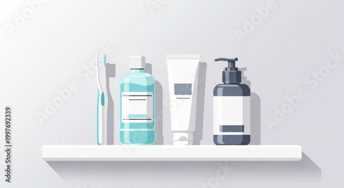 Bathroom shelf with toiletries and products.