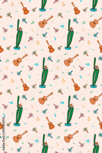 Seamless pattern with cute Mexican cactus, guitar and maracas
