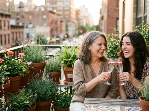 Happy mother and adult daughter toasting with champagne glasses on a city balcony garden at sunset