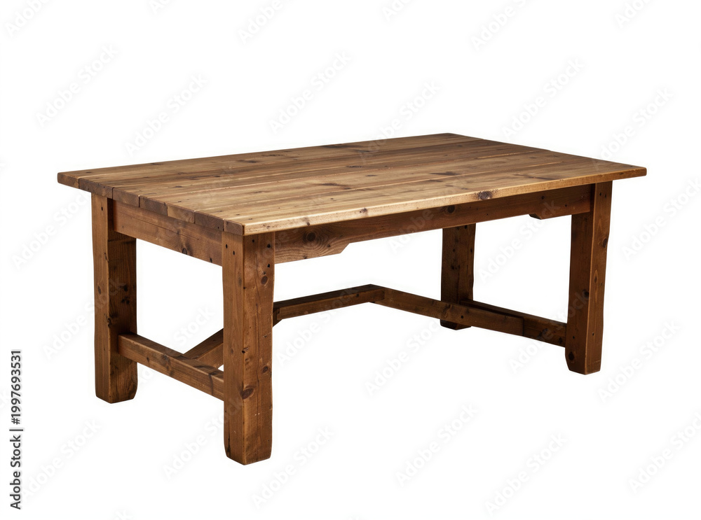 Fototapeta premium A simple wooden table sits on a plain white background, perfect for minimalist designs or as a neutral prop in various settings