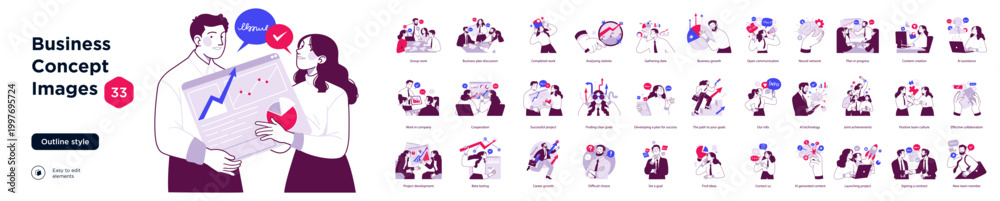 Obraz premium Outline style illustration set showing diverse business concepts including strategy, analytics, teamwork, growth, planning, problem solving, and professional collaboration.