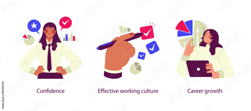 Fototapeta premium Flat business illustration showing confidence at work, effective working culture, and career growth through productivity, positive mindset, and professional development.
