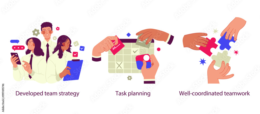 Fototapeta premium Flat illustration set representing effective teamwork: developing a team strategy, planning tasks, and achieving well-coordinated collaboration. Highlights structured workflows, shared responsibilitie