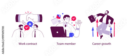Flat business illustration showing work contract agreement, active team member collaboration, and career growth with professional development and success concepts.