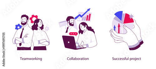 Modern flat illustration depicting teamwork, collaboration, and successful project delivery with business partners, data charts, and shared goals concepts.