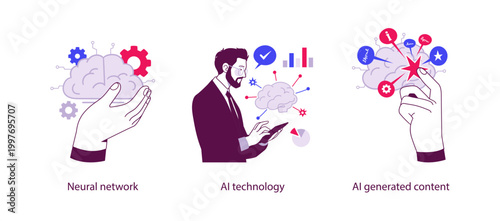 Flat technology illustration showing neural networks, AI technology, and AI generated content with brain icons, data connections, and digital intelligence concepts.
