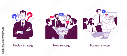 Flat business illustration showing unclear strategy evolving into team strategy and business success through collaboration, planning, and data-driven decision making.
