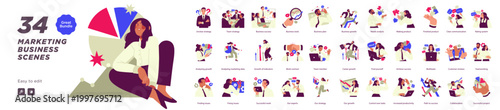 Large flat illustration bundle showing marketing and business scenes including strategy, analytics, communication, growth, teamwork, and customer interaction concepts.