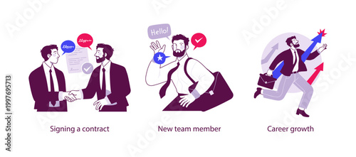 Flat business illustration showing signing a contract, welcoming a new team member, and career growth with professional development and success concepts.