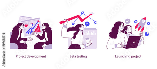 Flat business illustration showing project development, beta testing, and launching a project with teamwork, analytics, validation, and startup growth concepts.