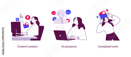 Flat illustration showing content creation, AI assistance, and completed work with artificial intelligence supporting productivity, creativity, and digital workflows.