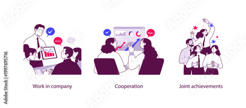 Flat business illustration showing work in company, cooperation between team members, and joint achievements through collaboration, shared goals, and teamwork success.