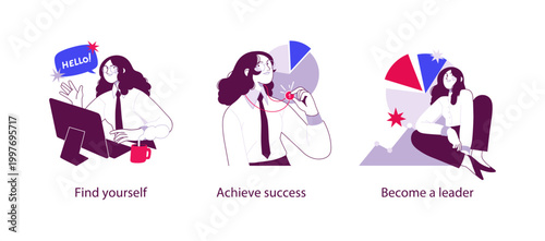 Flat business illustration showing personal development journey from self discovery to achieving success and becoming a confident leader with career growth concepts.
