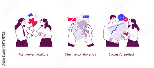 Flat business illustration showing positive team culture, effective collaboration, and successful project results through teamwork, communication, and shared goals.