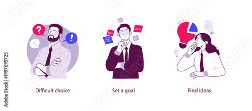 Flat business illustration showing a difficult choice, setting clear goals, and finding ideas through thinking, analysis, and creative problem solving concepts.