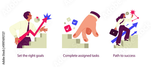 Flat business illustration showing setting the right goals, completing assigned tasks, and following a clear path to success with progress and achievement concepts.