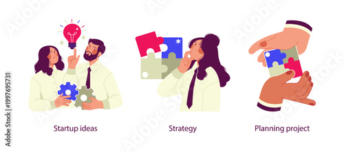Flat business illustration showing startup ideas generation, strategic thinking, and project planning using puzzle pieces, teamwork, and creative problem solving concepts.