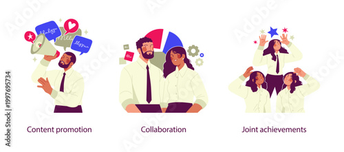 Flat business illustration showing content promotion, team collaboration, and joint achievements with marketing communication, teamwork, and shared success concepts.