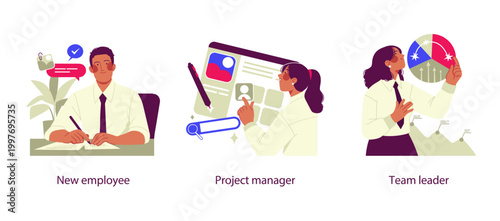Flat business illustration showing new employee onboarding, project manager coordination, and team leader decision making with professional growth and leadership concepts.