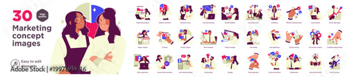 Large flat illustration bundle showing marketing concept images with strategy, analytics, communication, teamwork, growth, and customer engagement scenarios.