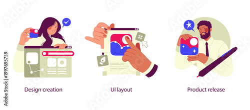 Flat business illustration showing design creation, UI layout planning, and product release with creative workflow, interface design, and successful launch concepts.