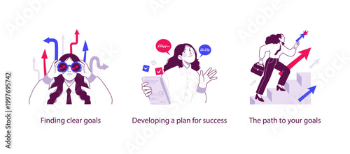 Flat business illustration showing finding clear goals, developing a plan for success, and following a focused path toward personal and professional achievement.