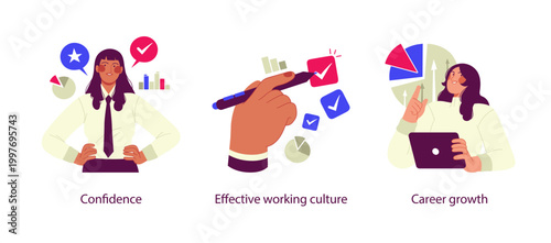 Flat business illustration showing confidence at work, effective working culture, and career growth through productivity, positive mindset, and professional development.