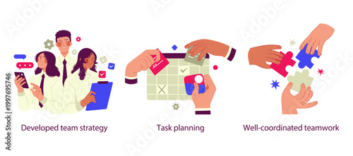 Flat illustration set representing effective teamwork: developing a team strategy, planning tasks, and achieving well-coordinated collaboration. Highlights structured workflows, shared responsibilitie
