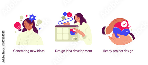 Flat illustration set showing the creative design process: generating new ideas, developing design concepts, and delivering a ready project. Represents creativity, UX design, and structured workflo