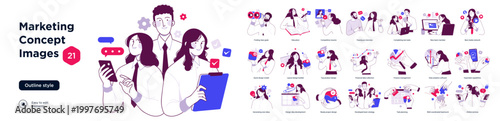 Outline style illustration bundle showing marketing concepts, digital communication, teamwork, analytics, education, career growth, and business productivity scenarios.